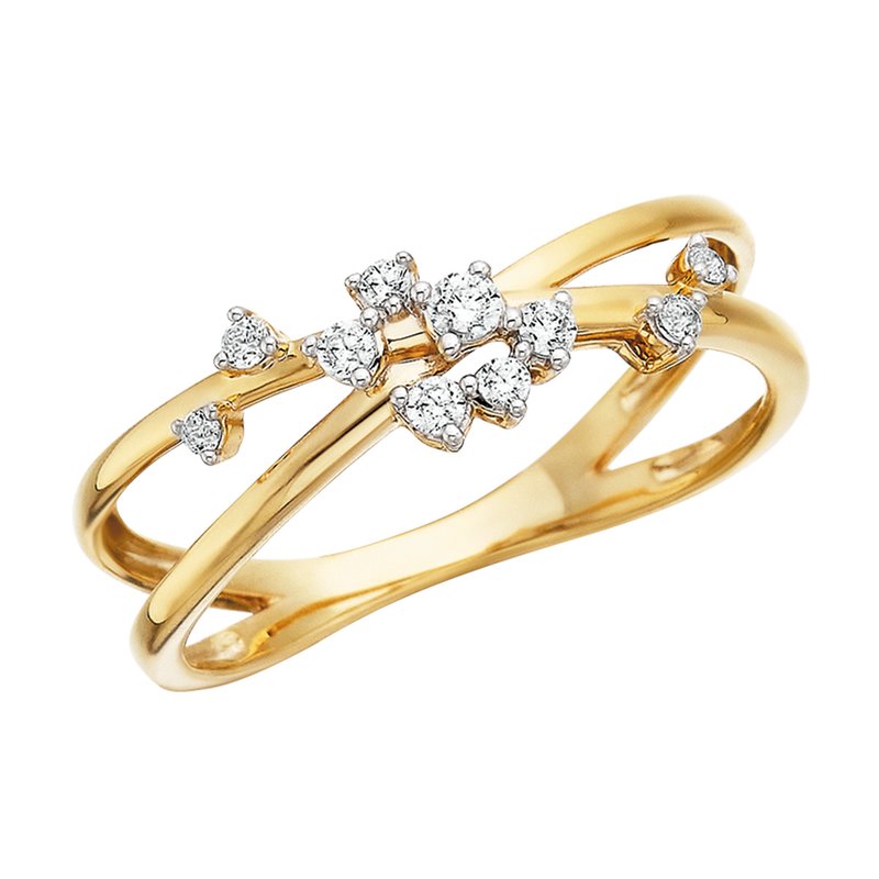 A gold ring with a crossover design with a scattering of 10 diamonds on a white background