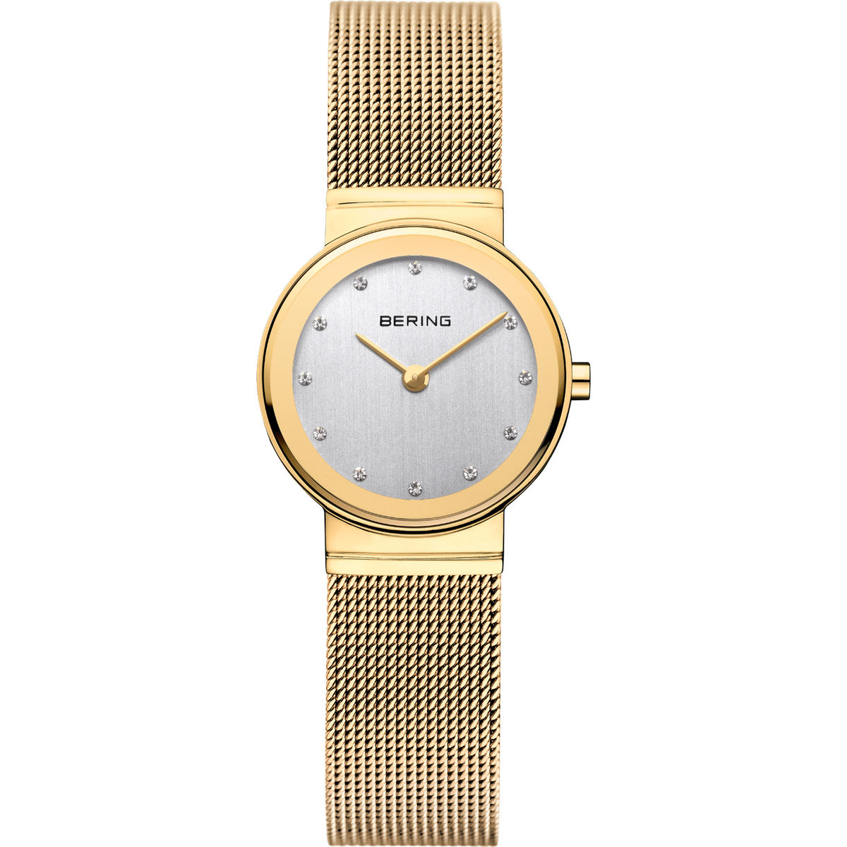 A gold watch with a mesh band on a plain background