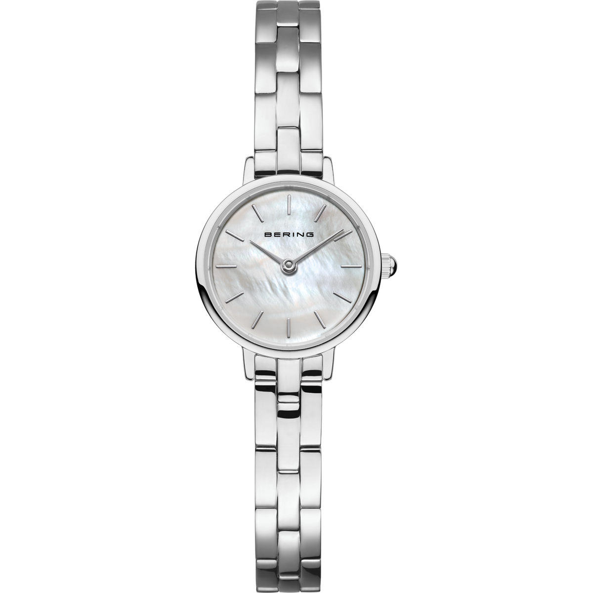 A Bering women's watch with a silver dial and link bracelet on a white background.