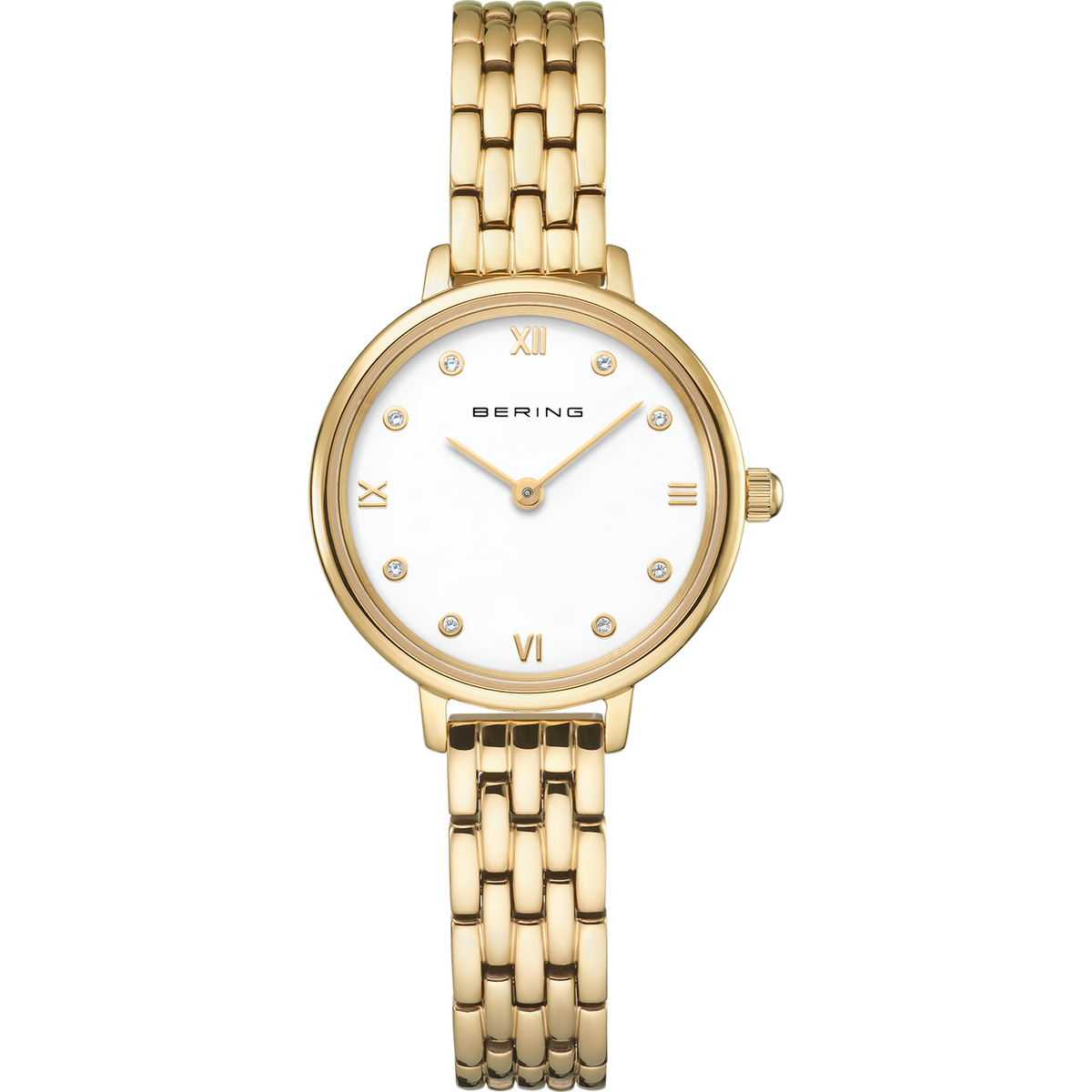 A gold-tone Bering watch with a link bracelet, white dial and Roman numerals at 12, 3, 6, and 9 o'clock on a white background