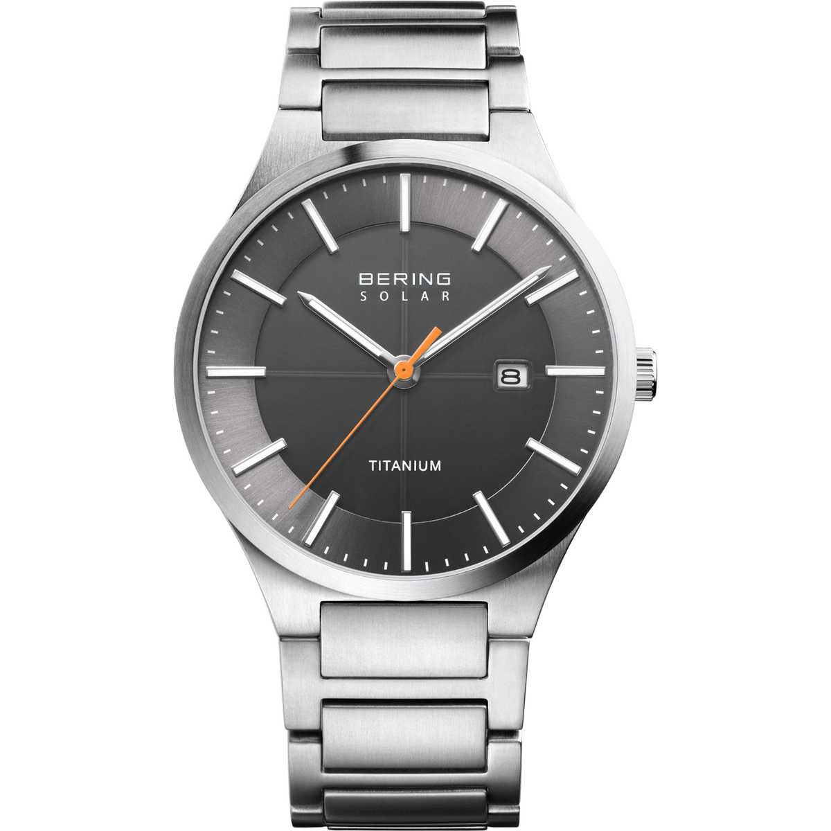 A BERING men’s watch with a silver case and bracelet and a dark gray dial with a bright orange second hand on a white background
