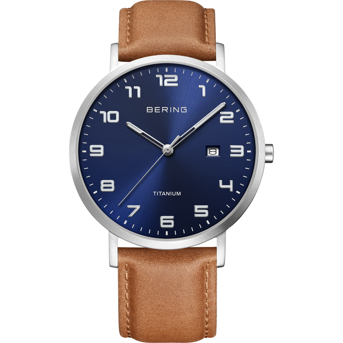 A men's BERING watch with a blue sunray dial, silver hands and numerals and a warm brown leather strap on a white background