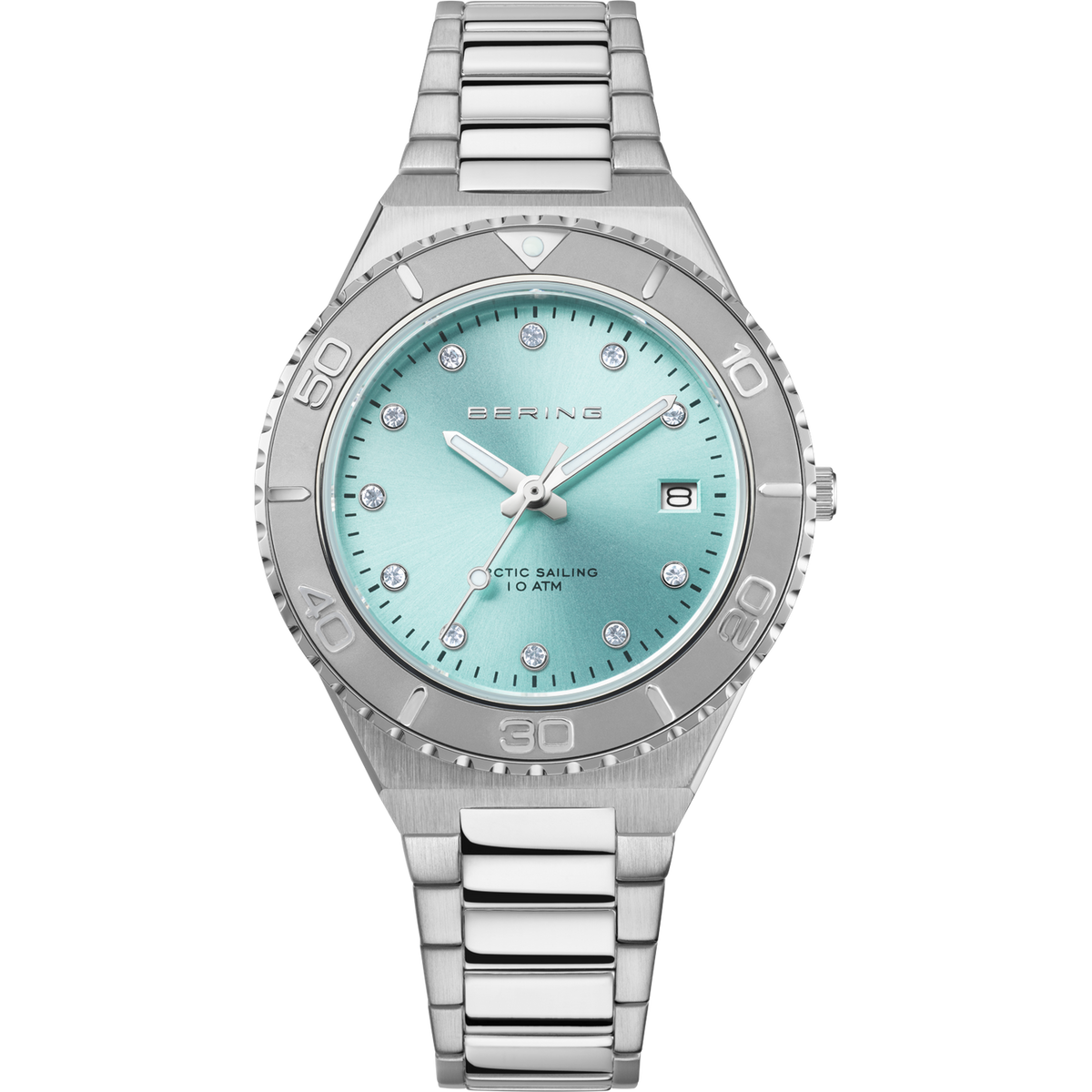 A women's watch with a polished and brushed stainless steel case and an ice-blue dial on a plain background