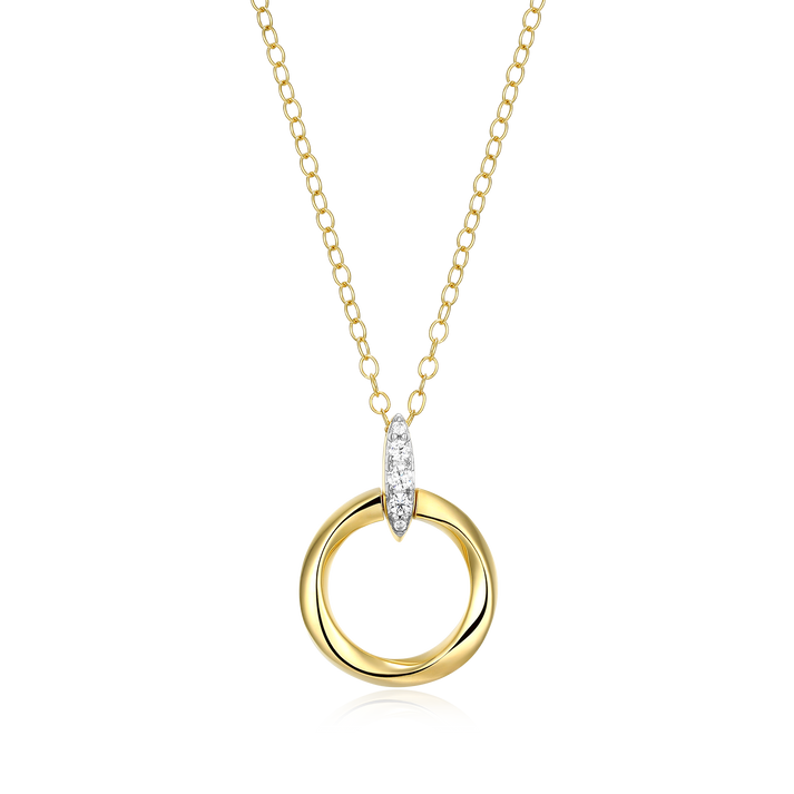 Gold necklace with a circular pendant on a white background