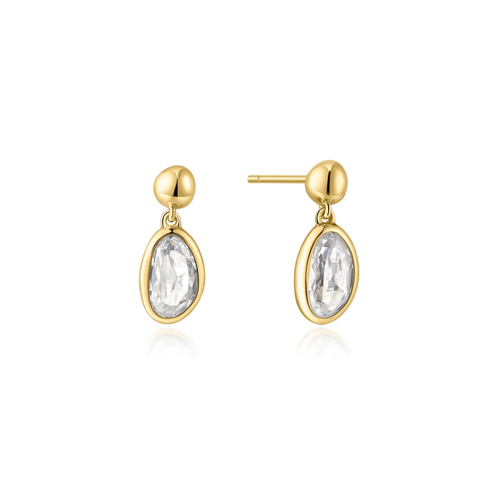 A pair of dangle stud earrings featuring bezel-set cubic zirconia stones in pebble-like forms on a white background