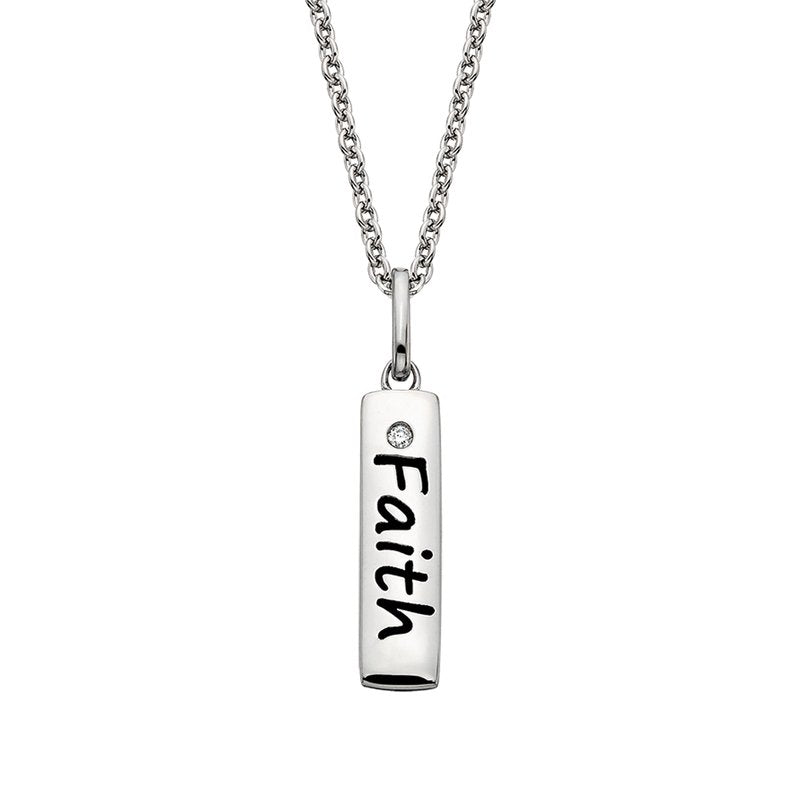 A silver vertical bar pendant with the word "Faith" engraved on it and accented with one diamond on a white background