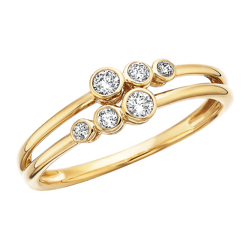 a gold ring with two parallel bars, each set with three graduated round diamonds in bezel settings on a white background