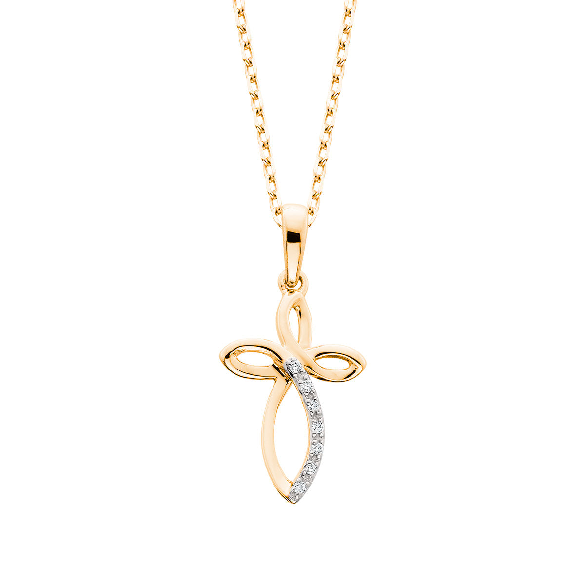 A gold cross with diamonds lining one side on a chain on a white background