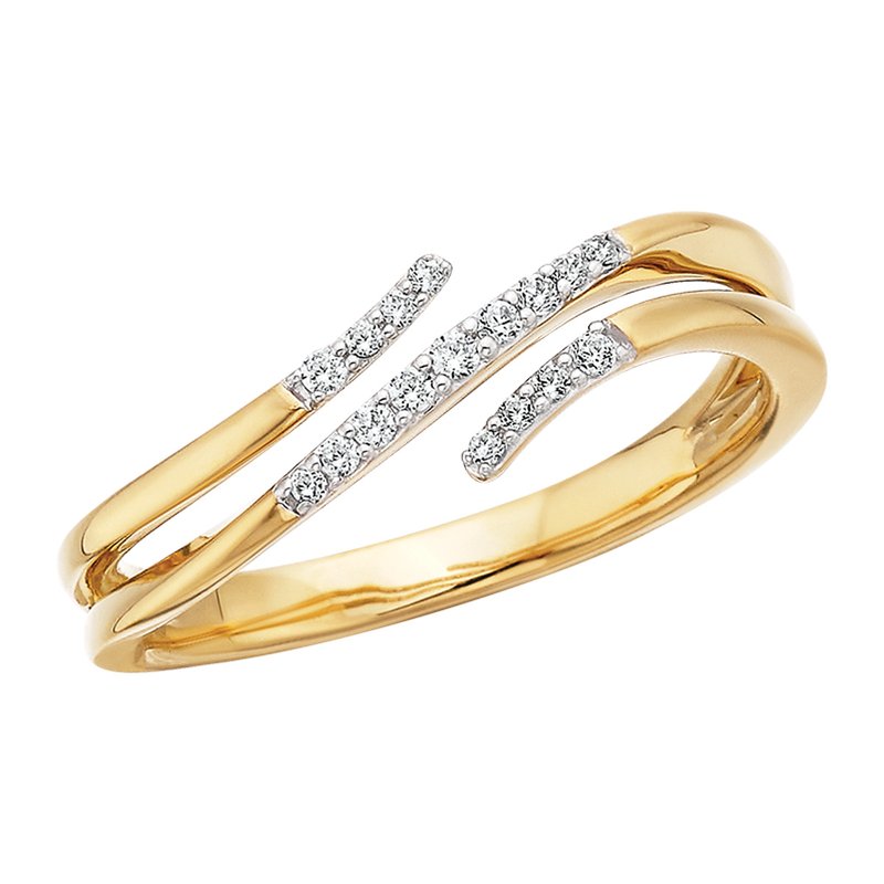 A gold ring with three rows of diamonds in a wave pattern on a white background

