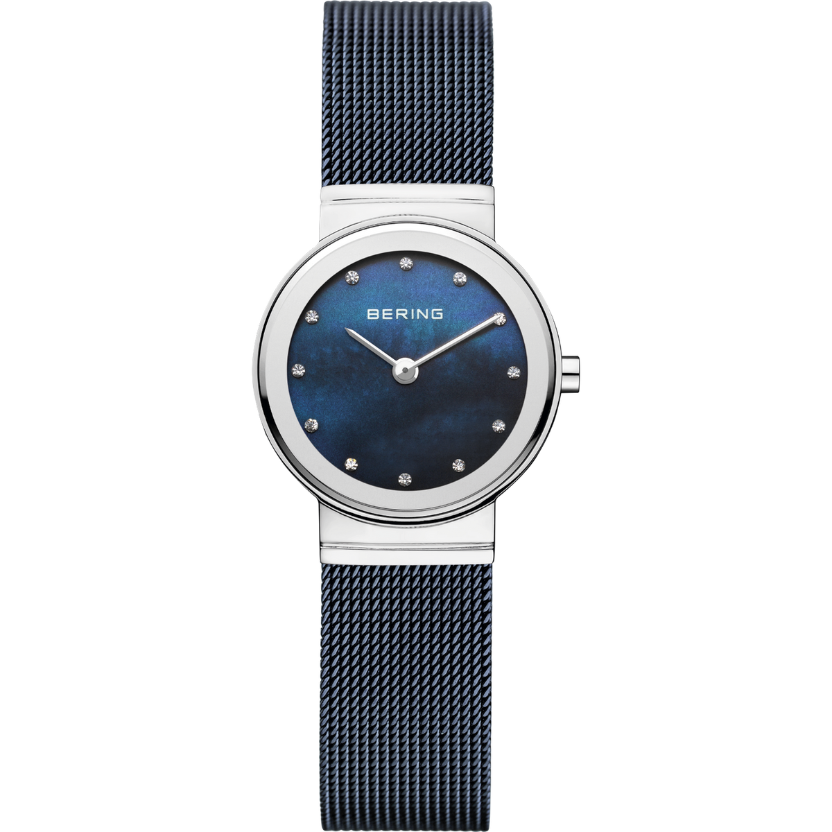 A women's Bering watch with a blue dial and mesh strap on a white background