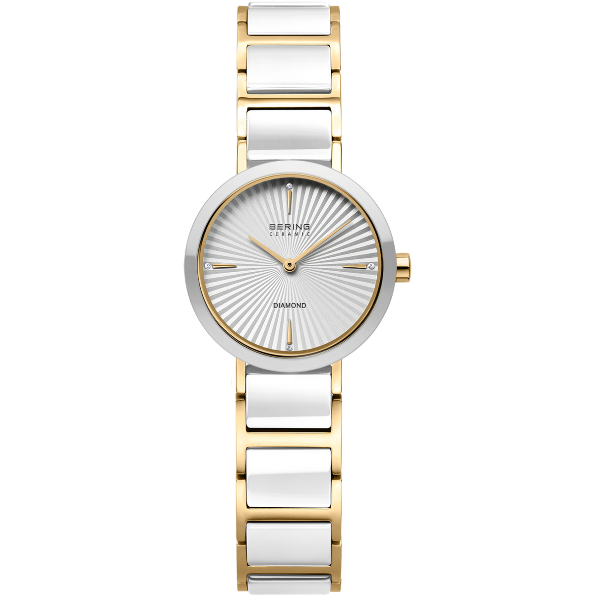 A women's Bering watch with a white ceramic bezel, two-tone link bracelet with polished white ceramic inserts on a white background