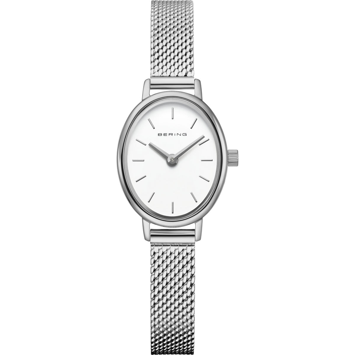 A woman's Bering watch with a white dial and a silver mesh strap on a white background
