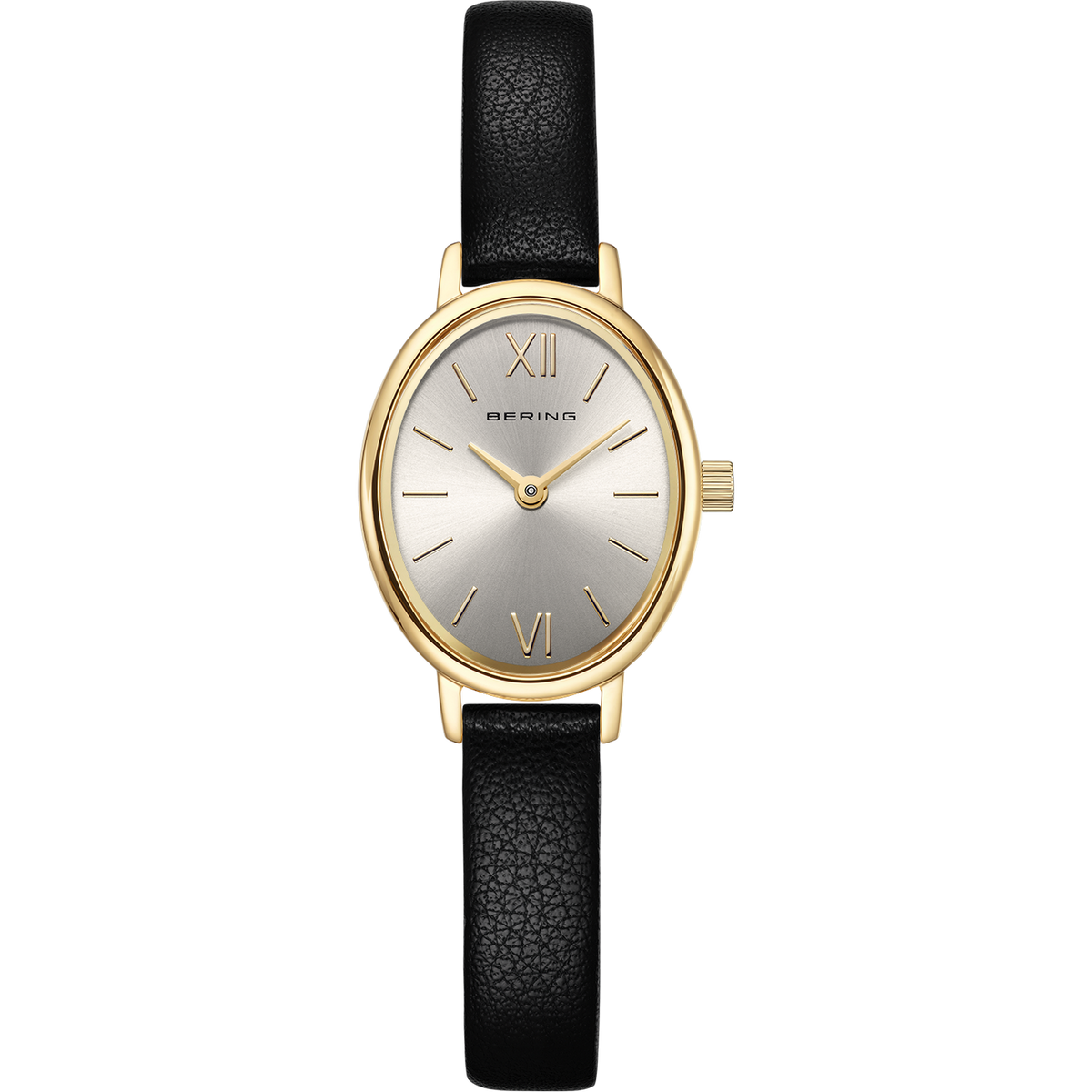A women's Bering watch with a silver colored oval dial and a black leather strap on a while background