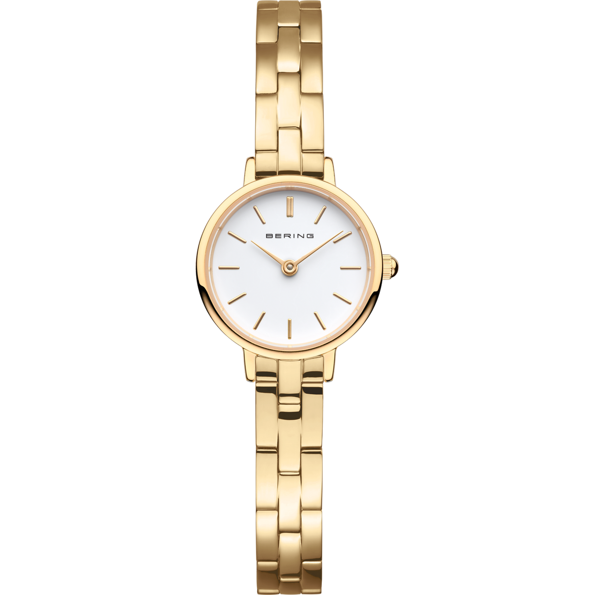 Women's gold Bering watch with a link bracelet and a while dial on a white background