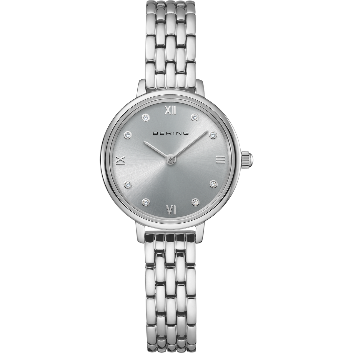A women's watch with a silver dial and link bracelet on a white background