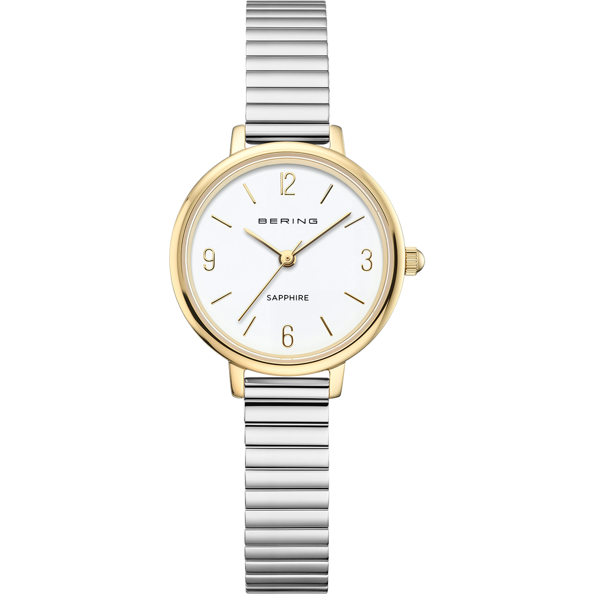 A women's Bering watch with a gold-tone case, a silver-tone flexible expansion bracelet, a white mother-of-pearl dial and slim gold-tone markers and Arabic numerals at 12, 3, 6, and 9 on a white background