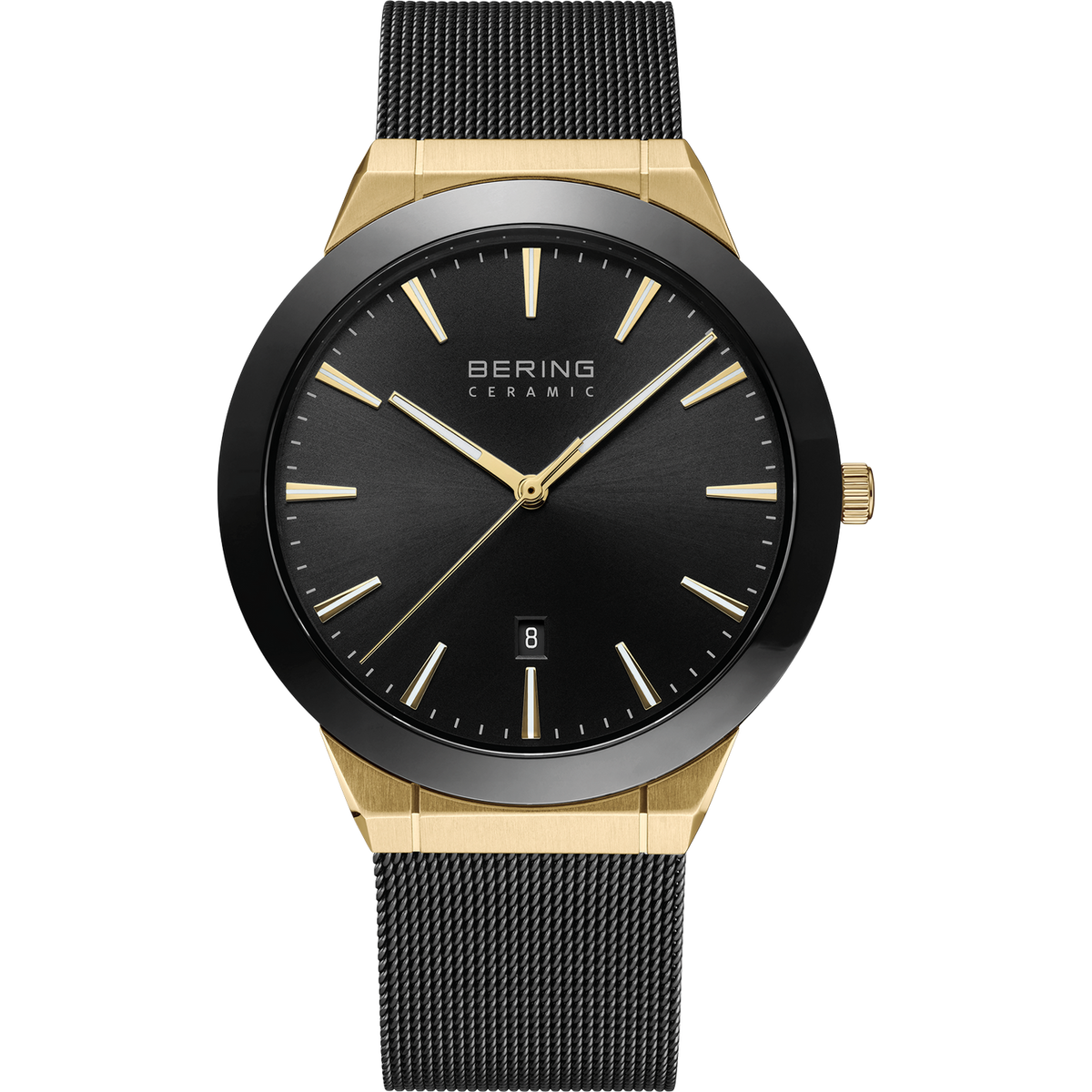 Men's Bering watch with a black dial and  mesh strap with gold accents on a white background