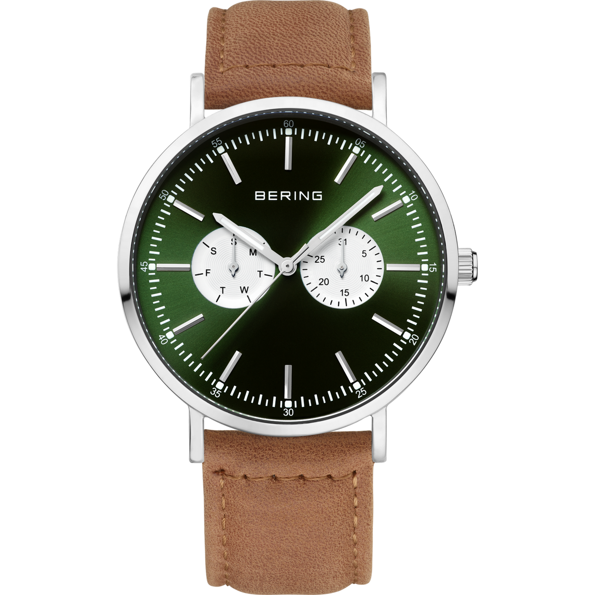 A men's BERING watch with a green sunray dial with two silver sub-dials and a brown calf leather strap on a white background