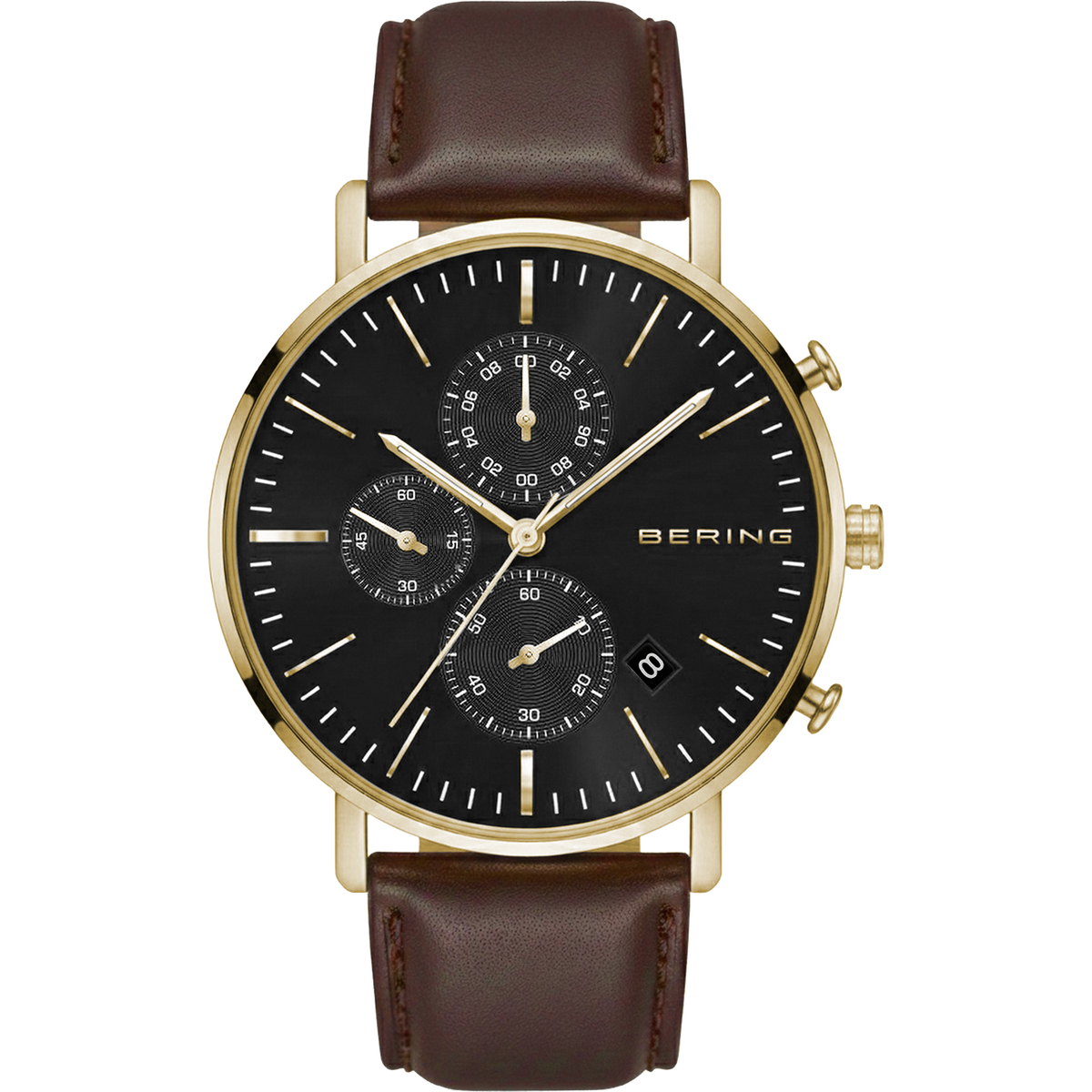 A men's Bering watch with a black face with three subdials and a brown leather strap on a white background
