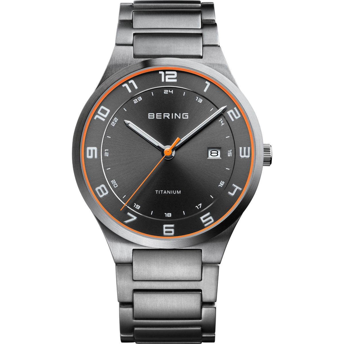 A BERING men’s watch with a black sunray dial and an orange minute ring, Arabic numerals, a 24-hour inner scale, and a date window at 3 o’clock on a white background