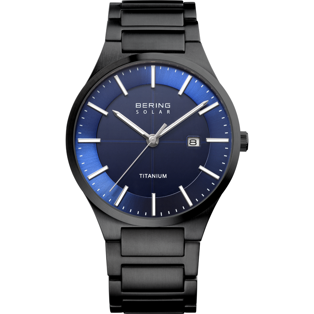 A BERING men’s watch with a black case and bracelet and a blue dial with silver hands on a white background