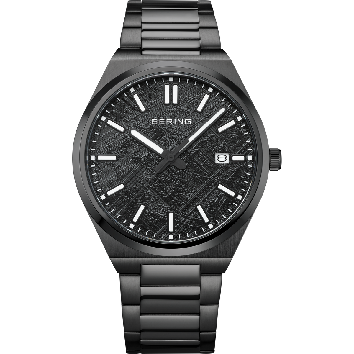 A men's Bering watch with a black dial and black link band on a white background