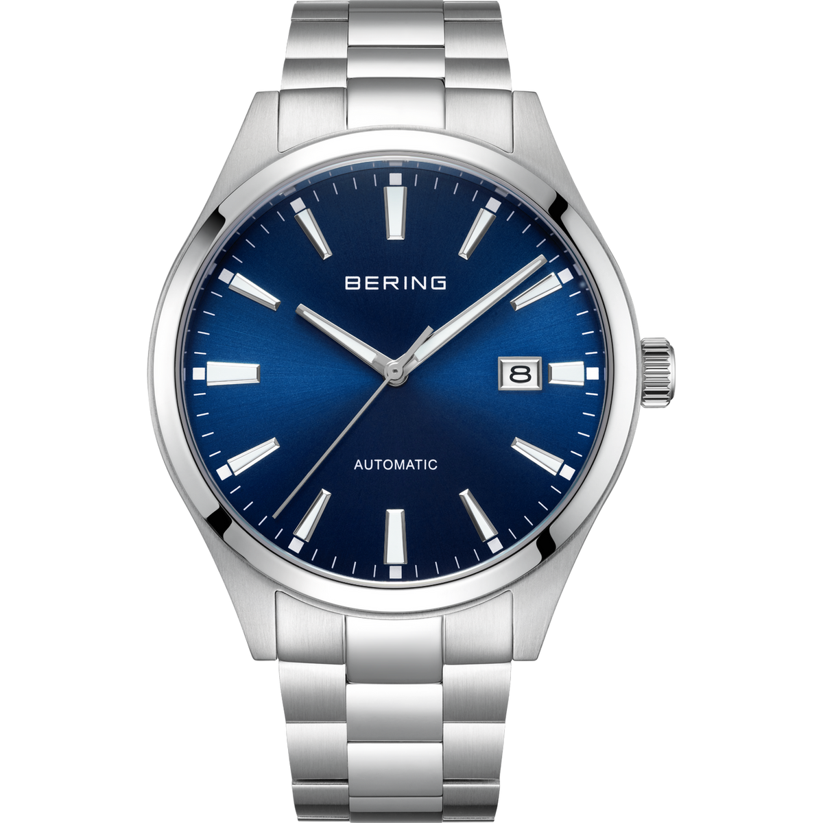A men's Bering watch with a blue dial and a silver link band on a white background