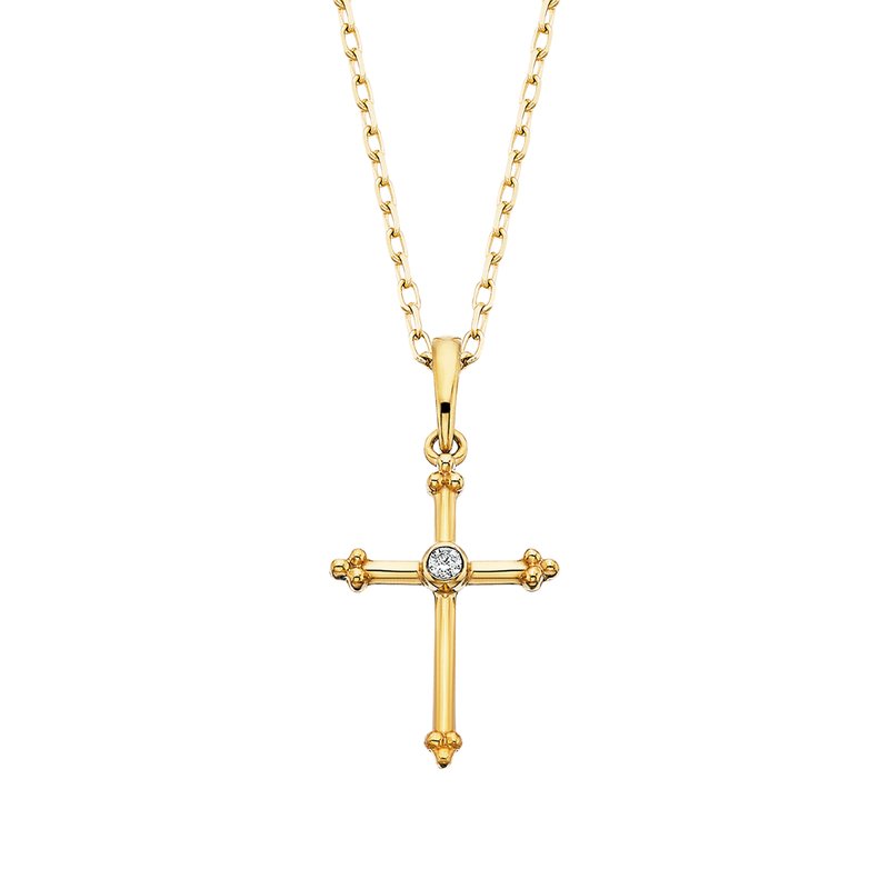A gold cross pendant with a  bezel-set diamond at its center on a chain on a white background