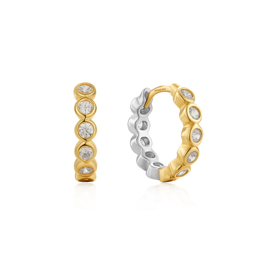 Two Tone Row Bezel Huggie Hoop Earrings