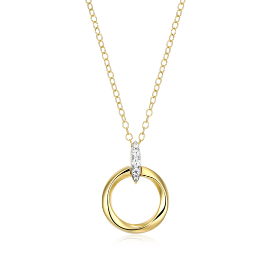 Gold necklace with a circular pendant on a white background