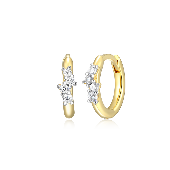Gold hoop earrings with diamond accents on a white background