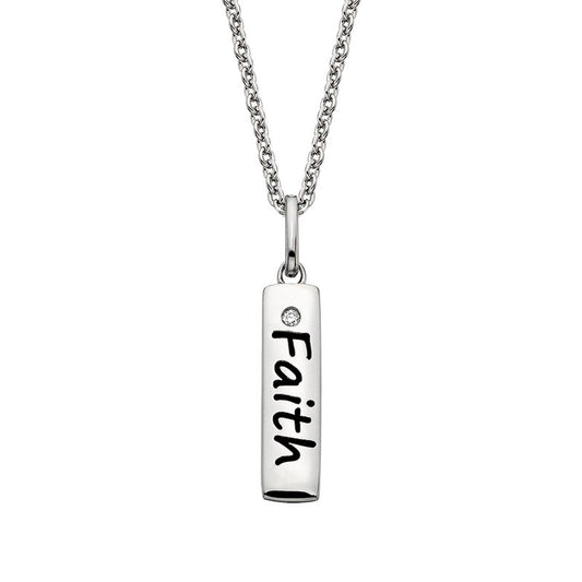 A silver vertical bar pendant with the word "Faith" engraved on it  and accented with one diamond on a white background
